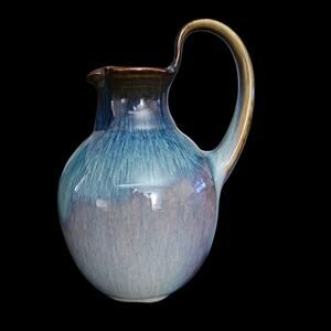 Vintage Studio Pottery Pitcher Blue Brown Drip Glaze Ceramic Jug